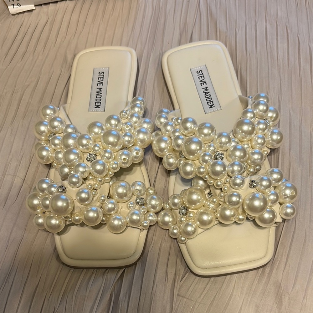 Steve Madden Cream Pearl Embellished Sandals - Picture 2 of 5